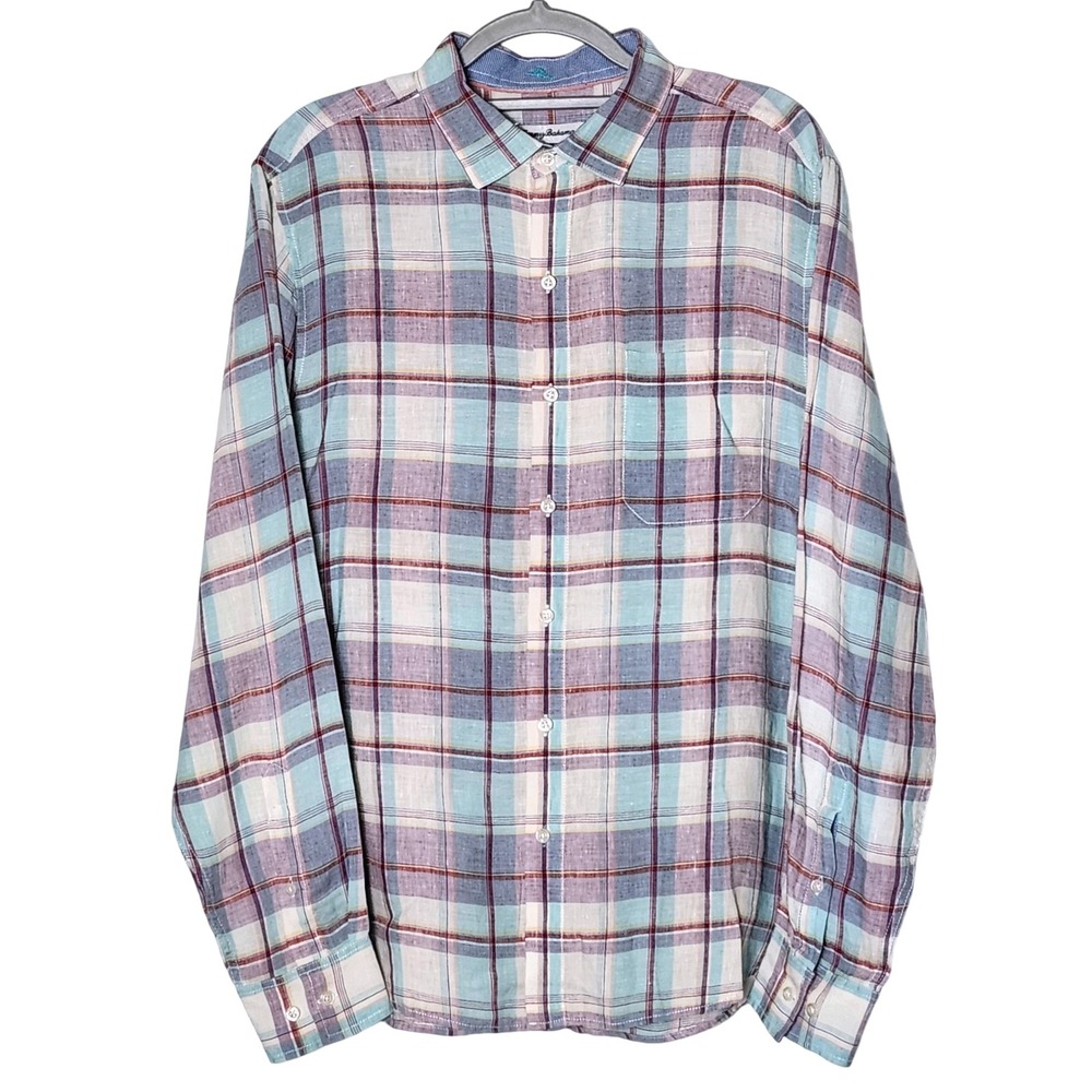 Tommy Bahama Plaid Lauderdale Opal Linen Long Sleeve Button Shirt‎ Mens Medium